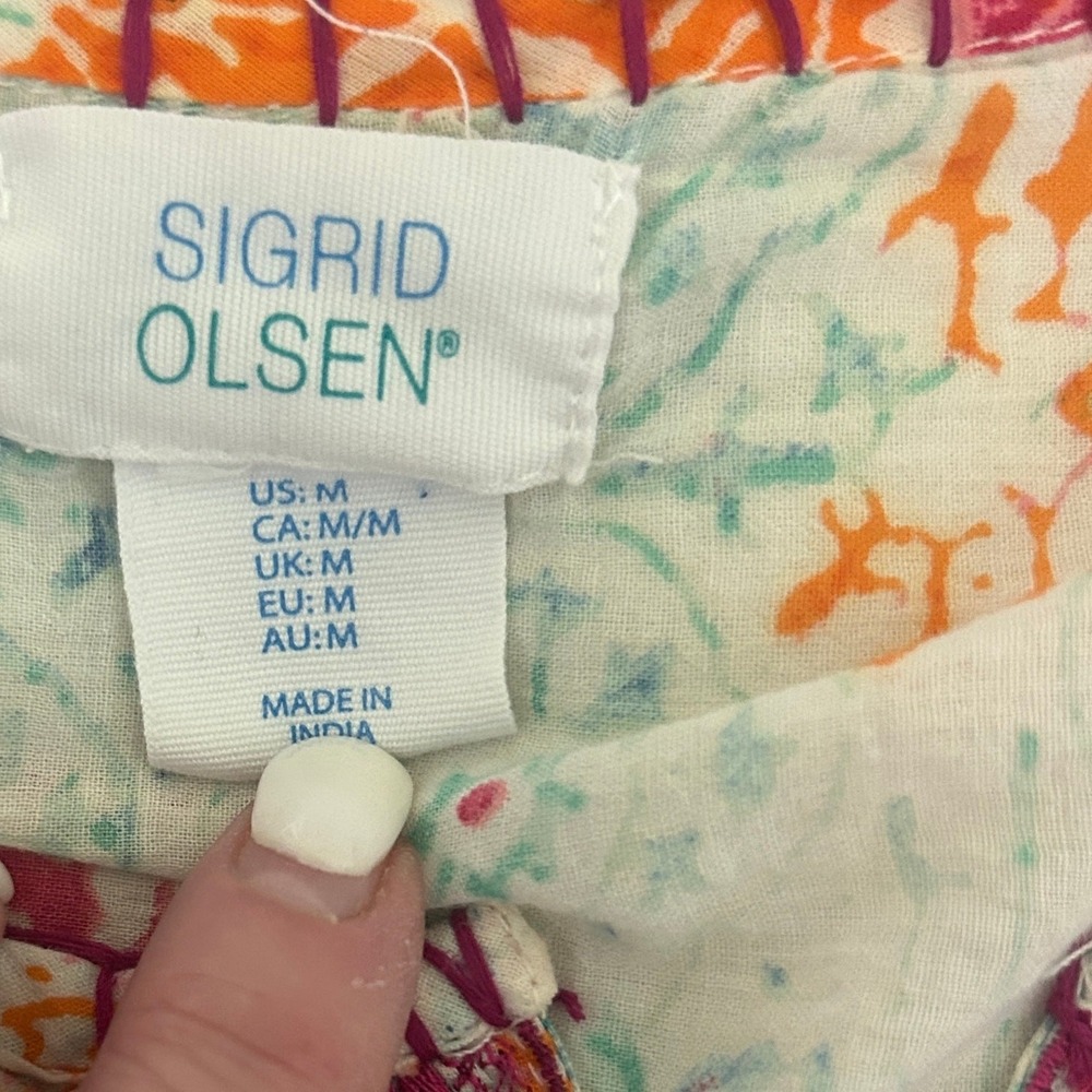 Sigrid Olsen Womens Boho‎ Coastal Peasant Top M Orange Geometric Cottage Artsy - Picture 7 of 8